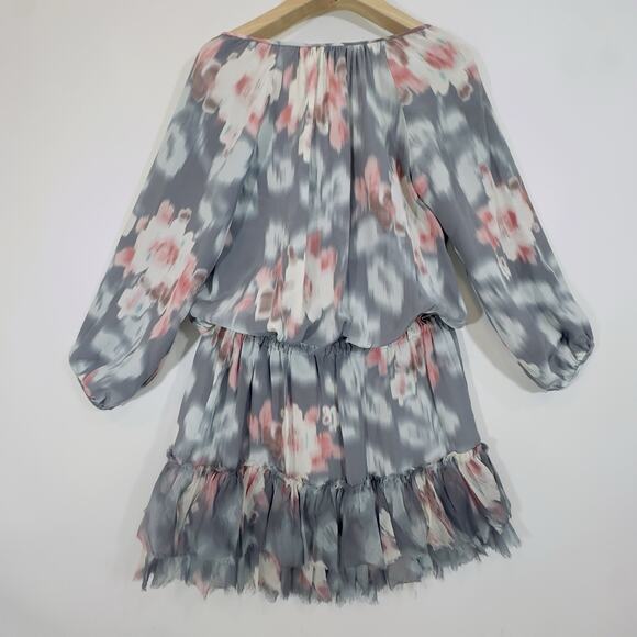 Rebecca Taylor Silk Floral Ruffle Hem Dress Gray Pink Tie Waist Long Sleeve 100% - Picture 9 of 15